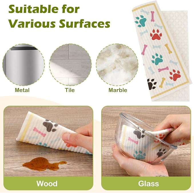 6 Packs Swedish Paper Cloths for Kitchen, Reusable Paper Towels Washable Dish Rags, Highly Absorbent Kitchen Towels Quick Drying Swedish Sponge Cleaning Dish Cloths(Dogs Feet)