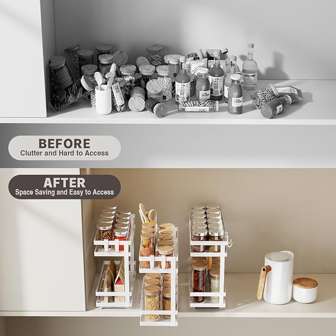Pull Out Spice Rack Organizer for Cabinet, 2 Pack Metal Seasoning Organizer Slide Out Spice Storage Shelf No Assembly Vertical Spice Rack Pullout for Kitchen & Bahthroom No Drill(2 Tier,White)