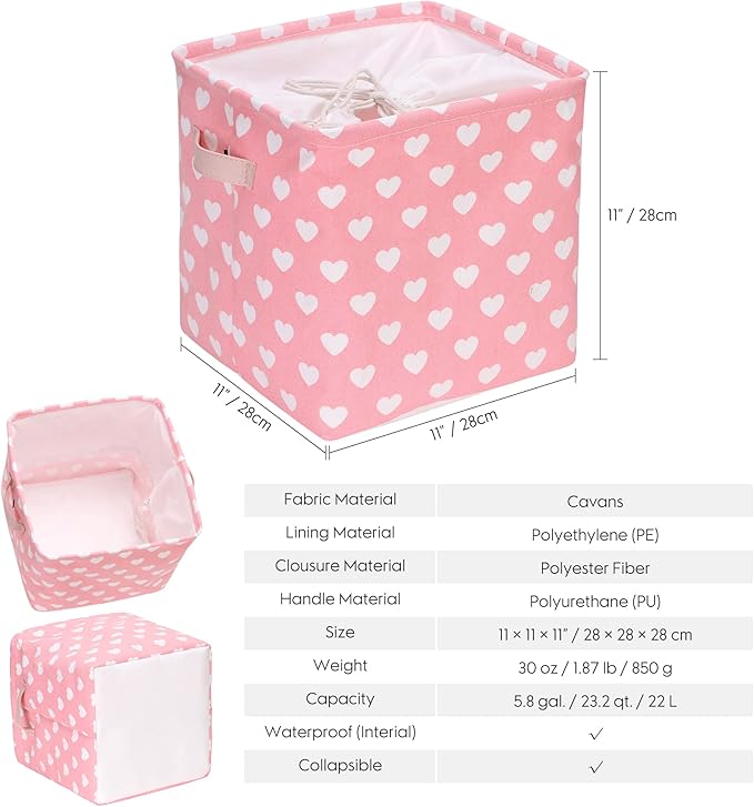 Hinwo 3-Pack Cubic Organizer Shelf Bins, Canvas Fabric Storage Baskets with Handles, 22L/5.8-Gal Square Storage Bins, Cubes, Collapsible Storage Box, 11 x 11 x 11 Inches (S, Pink Heart)