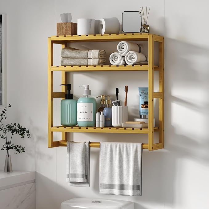 Over The Toilet Storage Bathroom Shelves Wall Mounted 3 Tier Space Saver Corner Shelf Organizer Bamboo Towel Rack Toilet Paper Cabinet with Hanging Rod Yellow