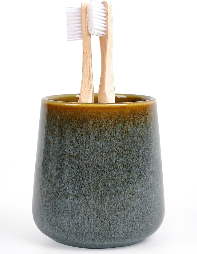 INGOFIN Ceramic Toothbrush Holder Cup, 12 oz Toothpaste Holder for Bathroom Vanity and Countertop, Organizer for Cosmetic, Makeup, Office Pencils, for Hotel Apartment, Kiln-Glazed