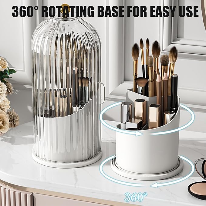 Concealed Toothbrush Holder, Rotating Bathroom Organizer Countertop, Toothbrush Holders with Cover, Bathroom Counter Organizer with Covered Makeup Brush Holder (1pcs Grey)