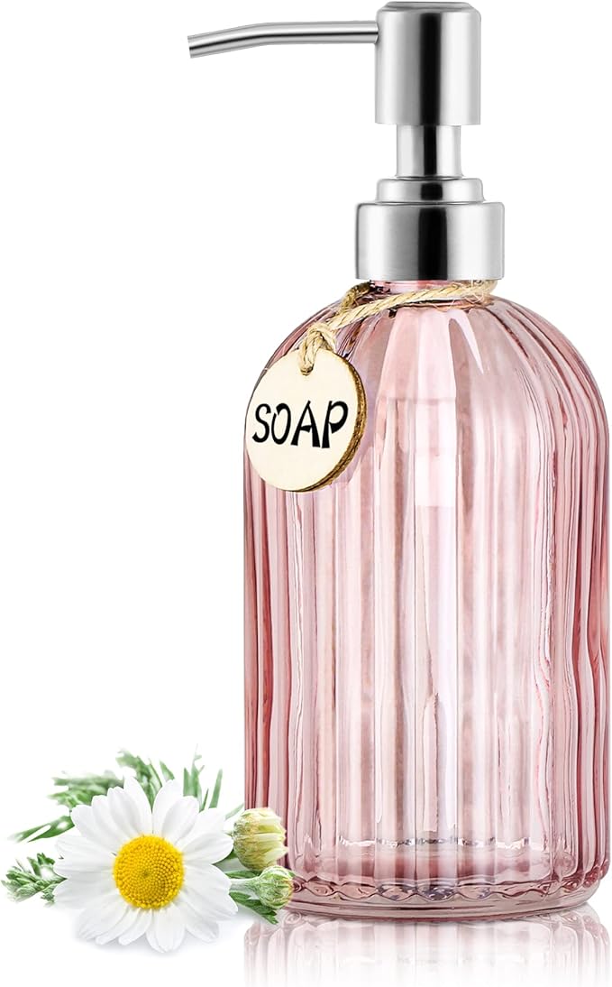 16OZ Fashion Stripe Clear Glass Refillable Soap Dispenser with 304 Stainless Steel Pump Premium Soap Dispenser， for Kitchen, Bathroom, Hand Sanitizer, Liquid Soap, Lotion, etc. (Clear Pink)