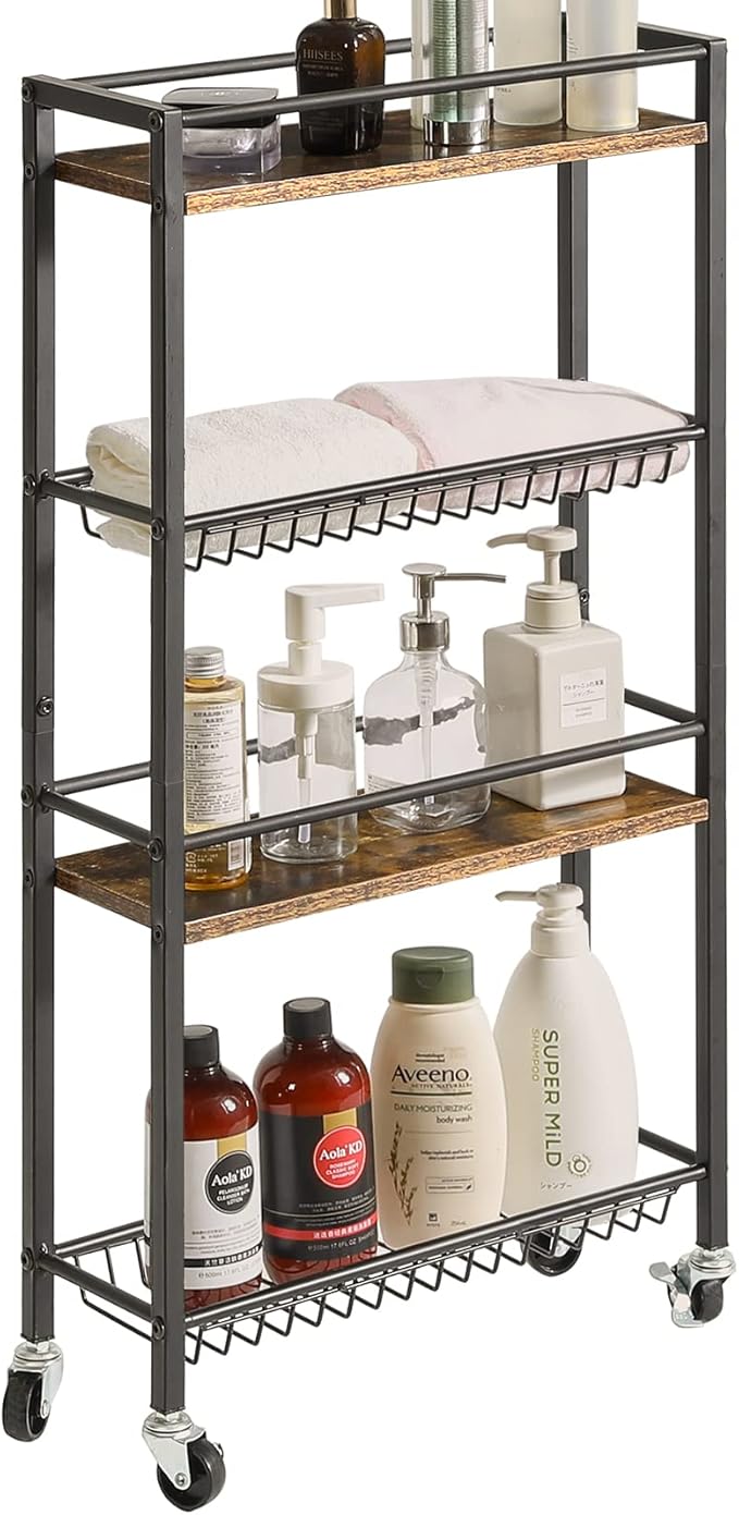 YMYNY Slim Kitchen Storage Rolling Cart, 4-Tier Utility Cart on Wheels, for Narrow Spaces, Laundry Room, Dining Room, Bathroom, 32.7" H Shelving Unit with Mesh Baskets, Rustic Brown UHBR002H