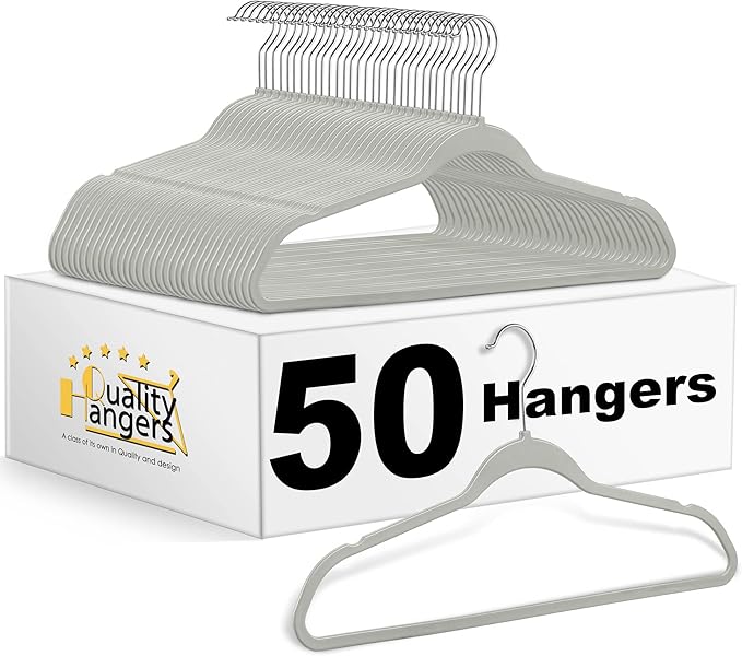 Quality Hangers 50 Pack Plastic Hangers for Clothes - Slim Non-Velvet Hangers with 360° Swivel Chrome Hook & Non Slip Notches - Ideal for Dresses Coats Shirts Jackets & More - Gray