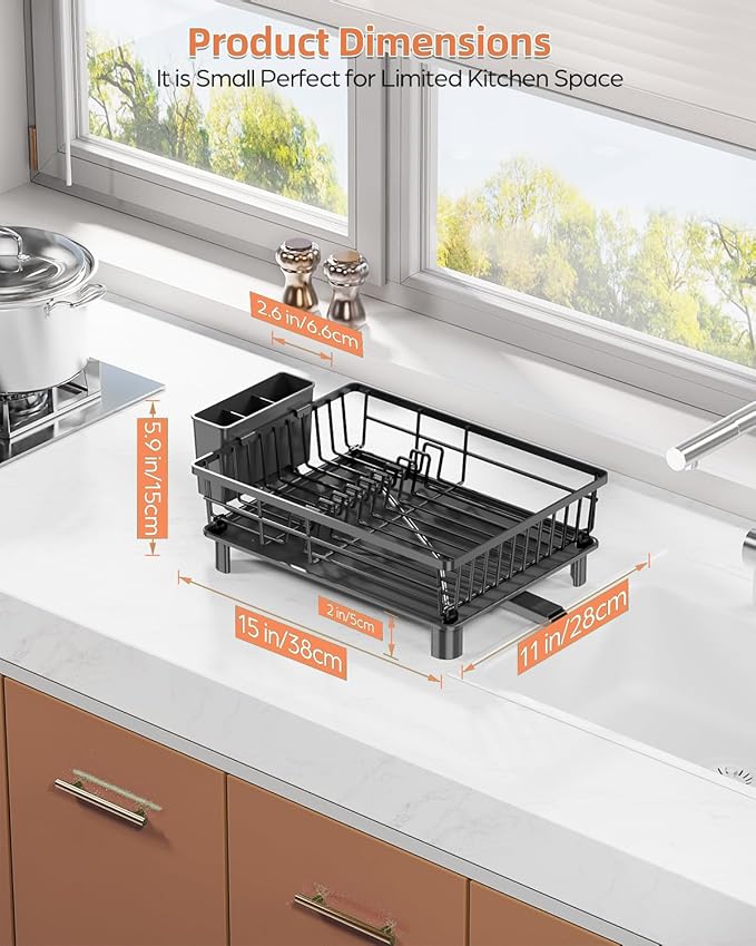 Dish Drying Rack for Kitchen Counter, Stainless Steel Drainer Anti Rust, Smart Drainage System Drainboard with Detachable Cutlery Holder, Handwash Dish Helper for Home, Apartment Space Saving