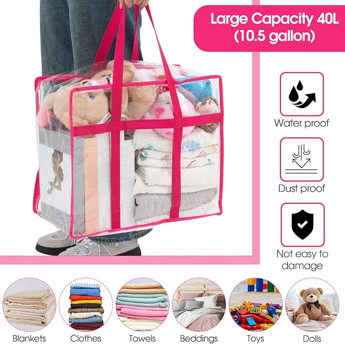 6 PCS Clear PVC Zippered Storage Bags 40L Plastic Closet Organizers and Storage Containers Foldable Moving Bags with Reinforced Handles for Bedding, Blankets, and Seasonal Clothes (Red)