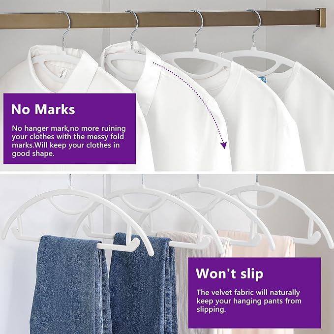 MIZGI Premium Velvet Hangers 50-Pack,No Shoulder Bump Hangers W/Tie Bar Ultra Thin Space Saving Non Slip Hanger Heavy Duty Felt Rounded Clothes Hanger for Sweaters,Coat,Jackets,Pants,Shirts