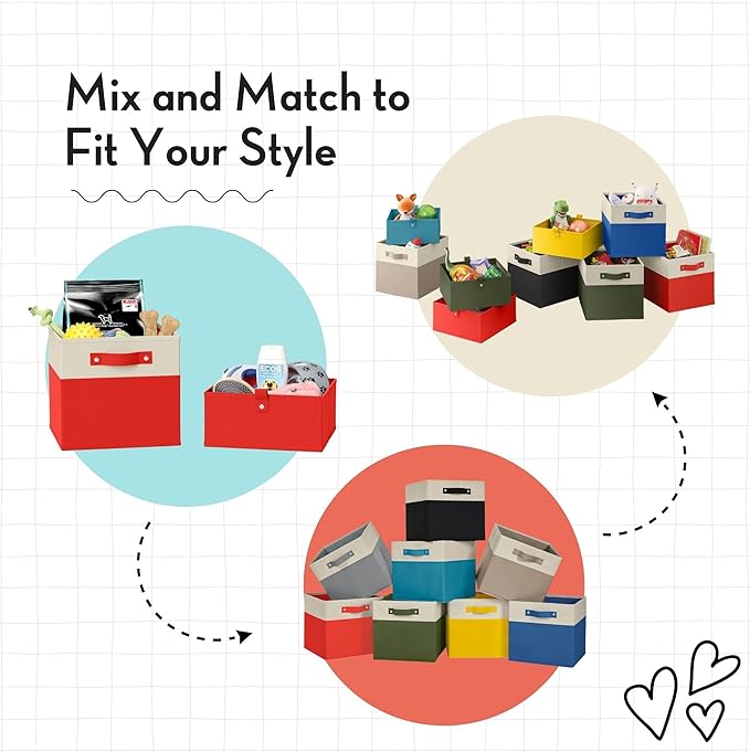RiverRidge Kids 2pc Folding Storage Bins Set - 10.5” Bin Organizers with Handles - Red Closet Organizers and Storage for Toys, Games, Shoes - Foldable Cube Storage Organizer Bins for Playroom, Nursery