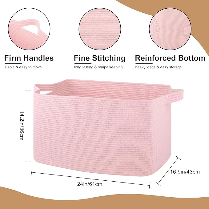 95L Extra Large Blanket Basket, 24" x 16.9" x 14.2" Woven Storage Basket for Living Room, Rectangle Nursery Blanket Storage for Toys, Towels, Dirty Clothes (Pink)
