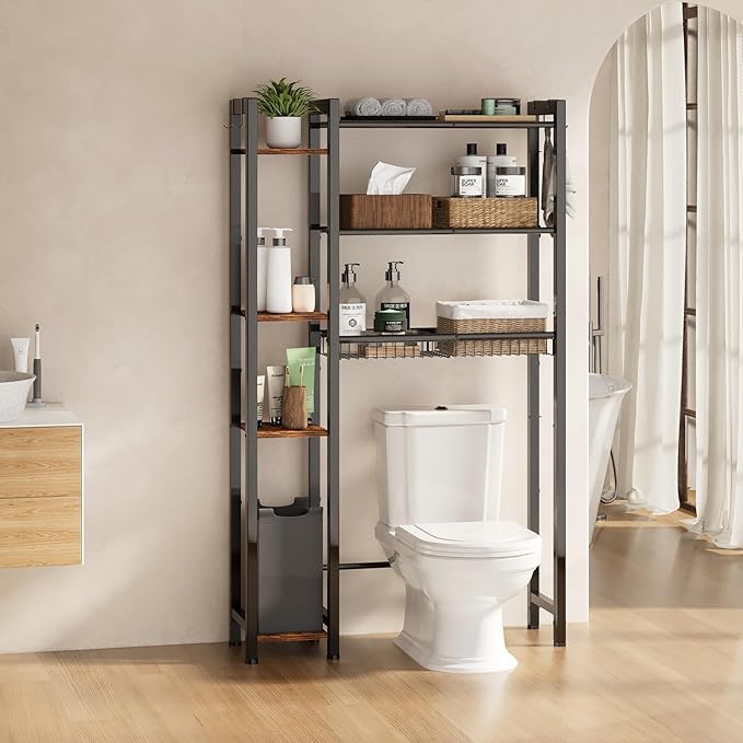 Over The Toilet Storage with Side Rack, 7-Tier Bathroom Organizer with Adjustable Shelf & Drain Basket & 4 Hooks, Freestanding Space Saver for Balcony, Laundry (Vintage Brown)