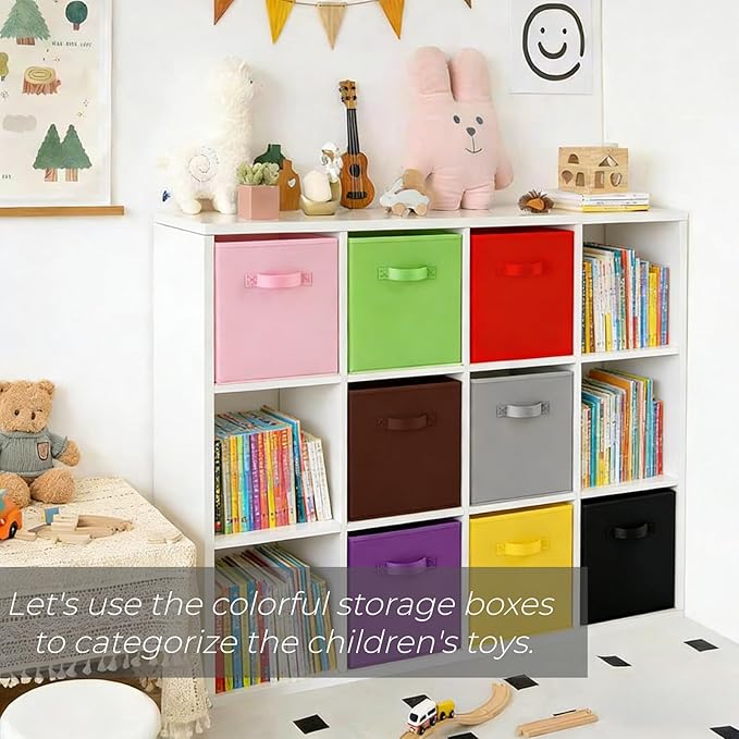 9 Pack Cube Storage Bins, 11 Inch Collapsible Fabric Storage Baskets, Multi Colored Storage Cubes with Handles, Foldable Cube Drawer for Home, Closet, Shelves, Toys Organization