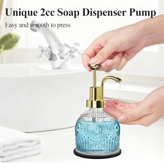 SheeChung Vintage Soap Dispenser, Kitchen Dish Soap Dispensers with Pump Mat, Glass Hand Soap Dispenser for Bathroom, Liquid, Lotion, Refillable, Rustic Farmhouse Decor-Clear (Gold Pump, 1 pk)