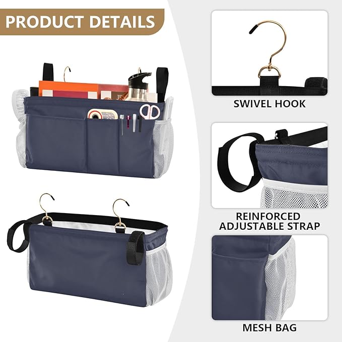 KOPIRIT Navy Grey Bedside Caddy Storage Bag Bedside Organizer for College Dorm Top Bunk Bed Hanging Bag Bedside Shelf 6 Pockets with Hooks for Magazine Water Bottle Holder