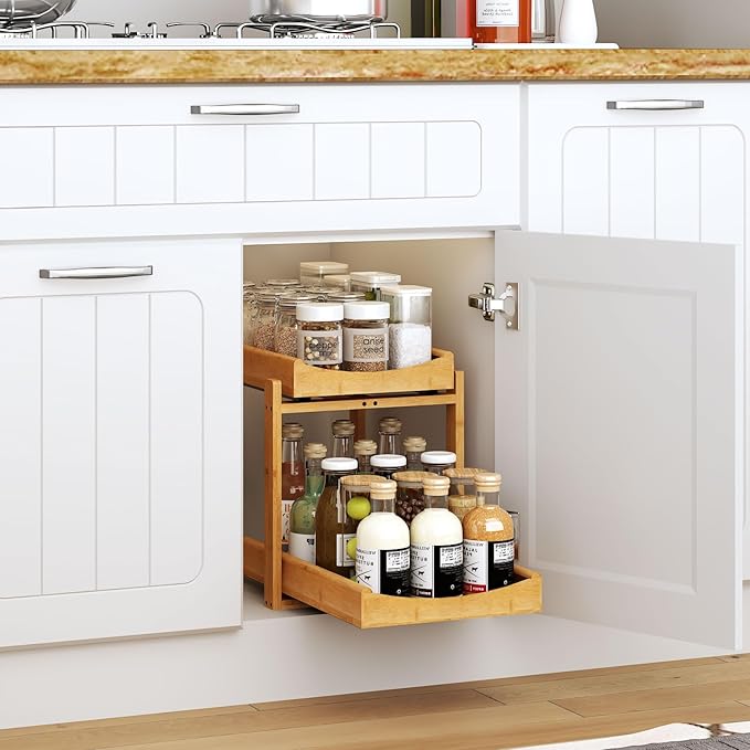 Bamboo Under Sink Organizer and Storage, 2 Pack Pull Out Cabinet Organization, 2 Tier Vertical Slide Out Undersink Storage Shelf, Multi-Purpose Organizer Shelves for Kitchen Bathroom Medicine