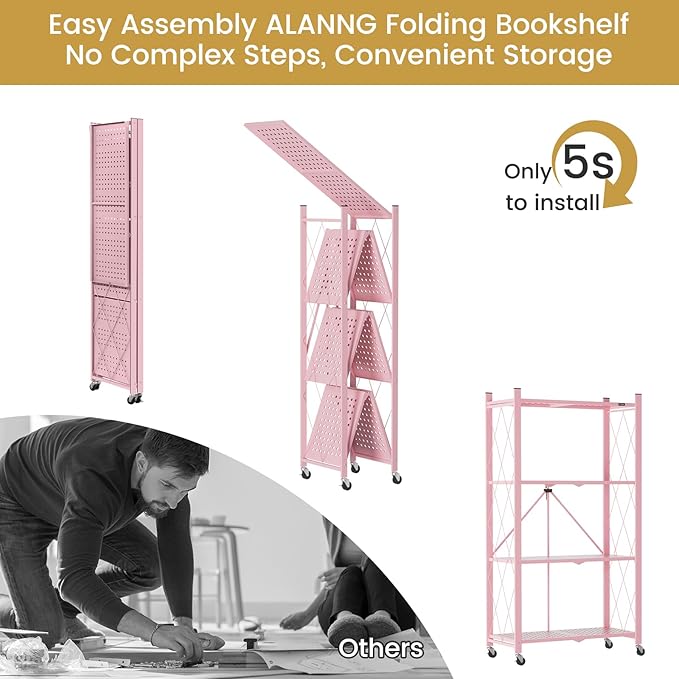 ALANNG Heavy Duty 4-Tier Folding Shelf with Wheels, No Tools Assembly Metal Storage Rack Cart, 264LBS Capacity for Kitchen, Pantry, Laundry Room, Garage, (Pink, 1PACK)