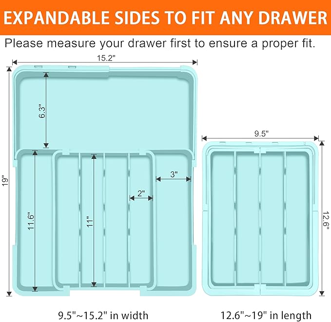 Silverware Organizer - Expandable Silverware Drawer Organizer Adjustable Drawer Organizer, Silverware Tray for Drawer15.2"x 19" Cutlery Drawer Organizer, Kitchen Organizers Storage, Turquoise