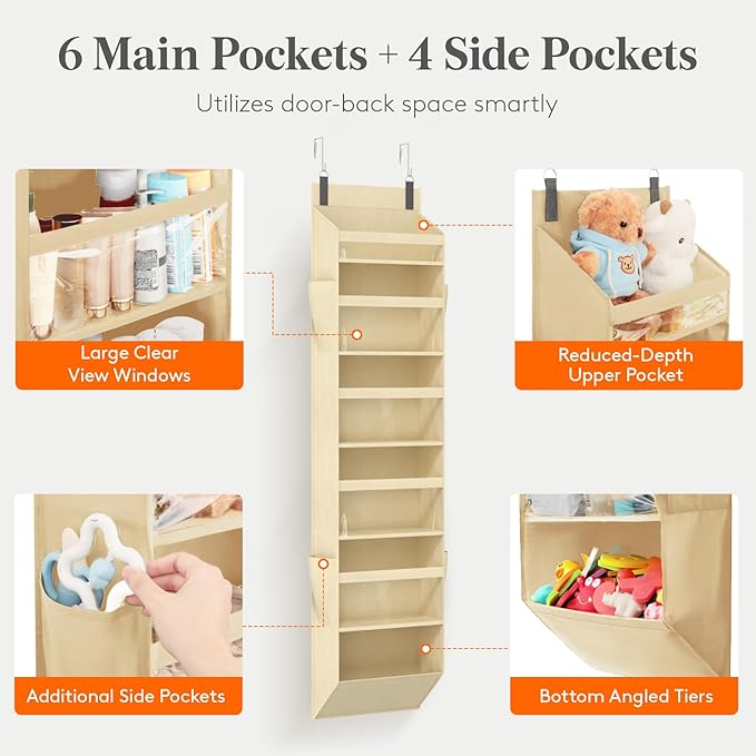 Lifewit 1 Pack Over the Door Organizer, Clear Window Hanging Storage with 4 Mesh Side Pockets, Anti Tilt 40 lbs Load Behind Door for Pantry, Nursery, Bathroom, Bedroom, Dorm, 6 Section, Beige