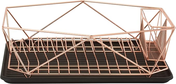 Kitchen Details Geode Deluxe Dish Drying Rack with Drain Board | Cutlery Basket | Utensil Holder | Iron Frame | Copper