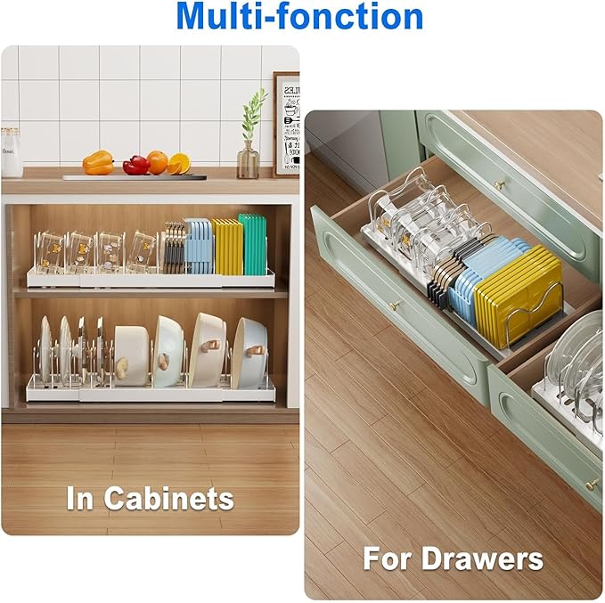 Pots and Pans Organizer Under Cabinet, 22" Expandable Food Storage Container Lid Organizers with 9 Adjustable Dividers Pot and Pan Lid Holders Rack Inside Cabinet/Countertop(1 Pack, White)