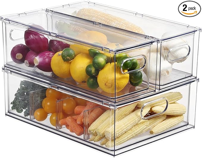 Fridge Drawer Pull Out Stackable Bins, Clear Refrigerator Stackable Organizers, Fridge Organizer Storage for Kitchen, Pantry, Vegetables, Fruits (2 Small + 1 Large)