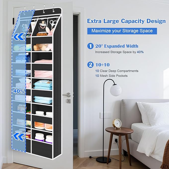 Univivi 6-Shelf Over Door Hanging Organizer Fabric Door Storage for Baby Nursery Nursery Closet Cabinet Wall Mount Hanging Storage Organizers with 10 Deep Pockets and 4 Small PVC Pockets(Black)