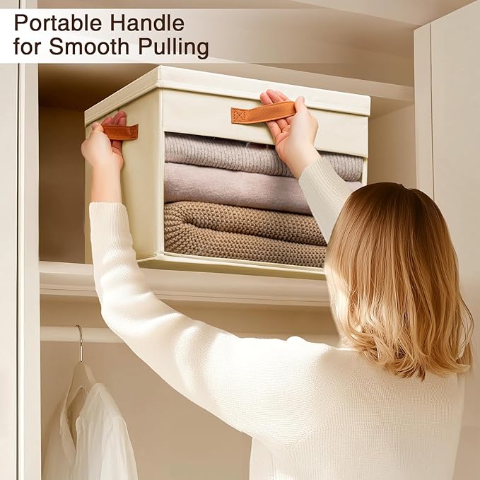 Large Storage Bins with Lids - 6 Pack Foldable Decorative Organizers with Clear Windows & Handles, Cube Storage Organizers for Clothes, Blankets, Sweaters, CD, Beige