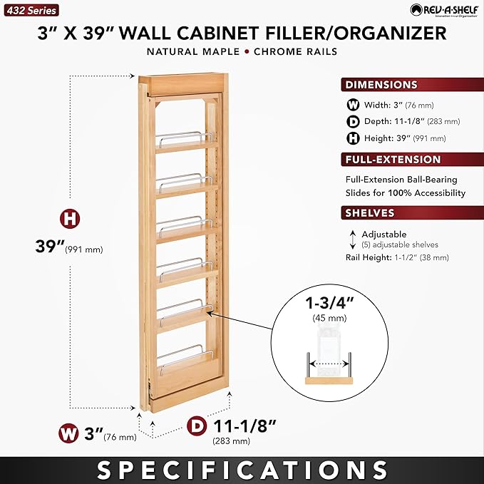 Rev-A-Shelf 3" W x 39" H Pull Out Quad Shelf Organizer for Wall & Base Kitchen Cabinets, Full Extension Filler Spice Rack, Adjustable, Wood, 432-WF39-3C