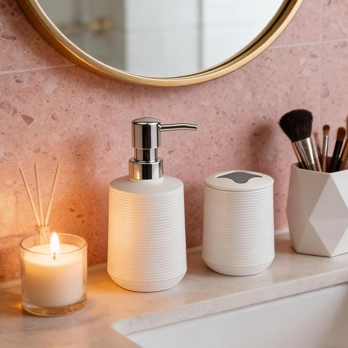 Bathroom Accessories Set, Bathroom Soap Dispenser & Toothbrush Holder Set, 2Pcs High Capacity Bathroom Set in White, Minimalist Boho Style for Clutter-Free Bathroom