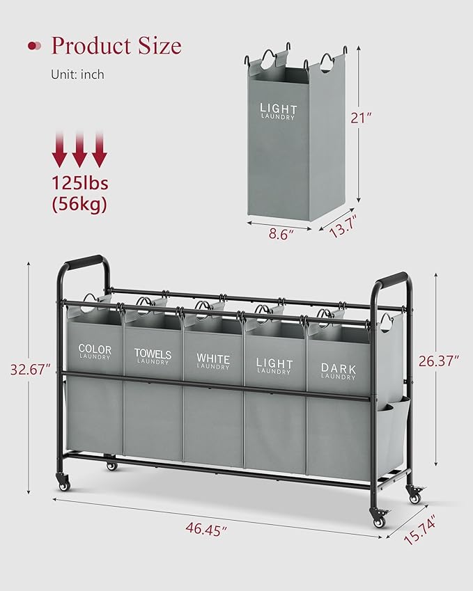 Tajsoon Laundry Sorter, Laundry Hamper 5 Section with Heavy Duty Rolling Lockable Wheels, Laundry Basket Organizer with Removable Bags for Dirty Clothes Storage, Grey