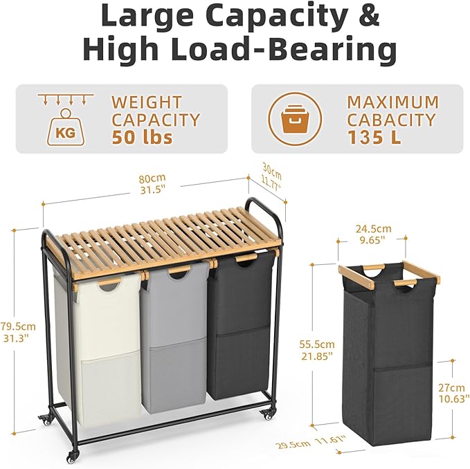 Laundry Hampers 3 Section, Laundry Sorter with Removable Shelf and Pull-Out Bags, Rolling Cart Clothes Hampers Basket with Wheels for Laundry Room Bathroom, 3 x 45 L (Black Beige Gray)