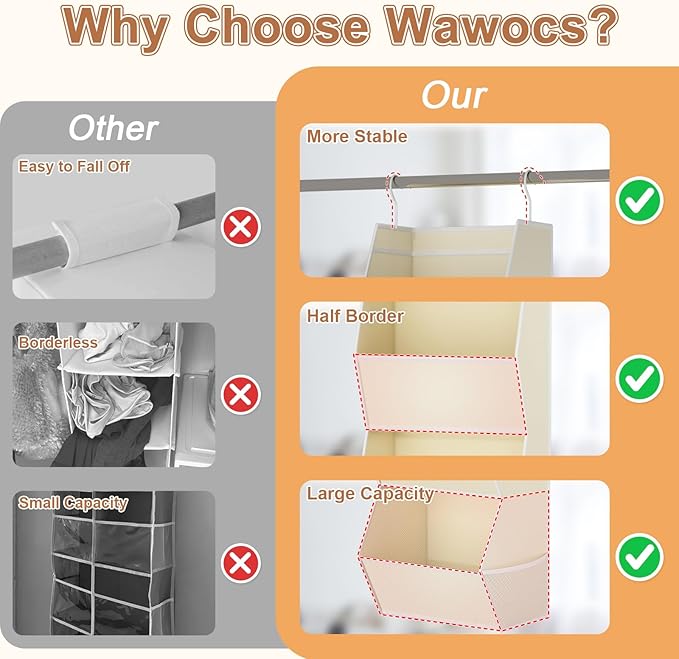 Hanging Closet Organizer 3 Shelf Collapsible Fabric Closet Organizers and Storage Hanging with Mesh Pocket for Clothes, Hanging Wardrobe Organizers and Storage for Sweater T-Shirt Shoes Toys, Beige