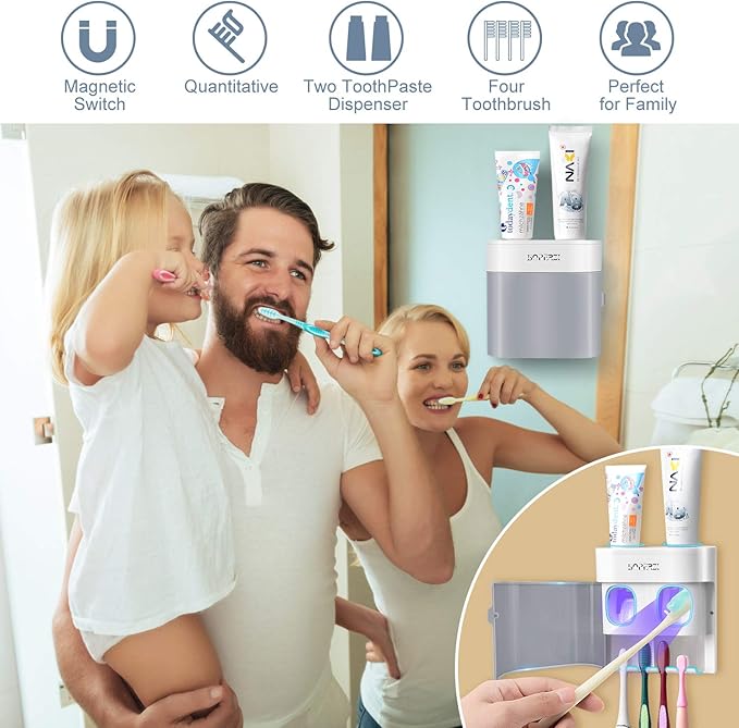 Boperzi Toothbrush Holder Wall Mounted Toothpaste Dispenser Gray Dustproof Cover for Shower Bathroom Set with 2 Toothpaste Squeezers (Not Electric)