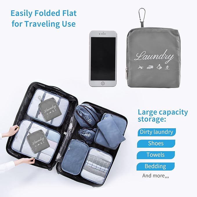 JHX Travel Laundry Bag, Dirty Clothes Bag 【Upgraded】 with Handles and Aluminum Carabiner, Collapsible Laundry Bag for Travel, Camp, Fitness, and Students（1Pcs Grey） 24"L x 21"W