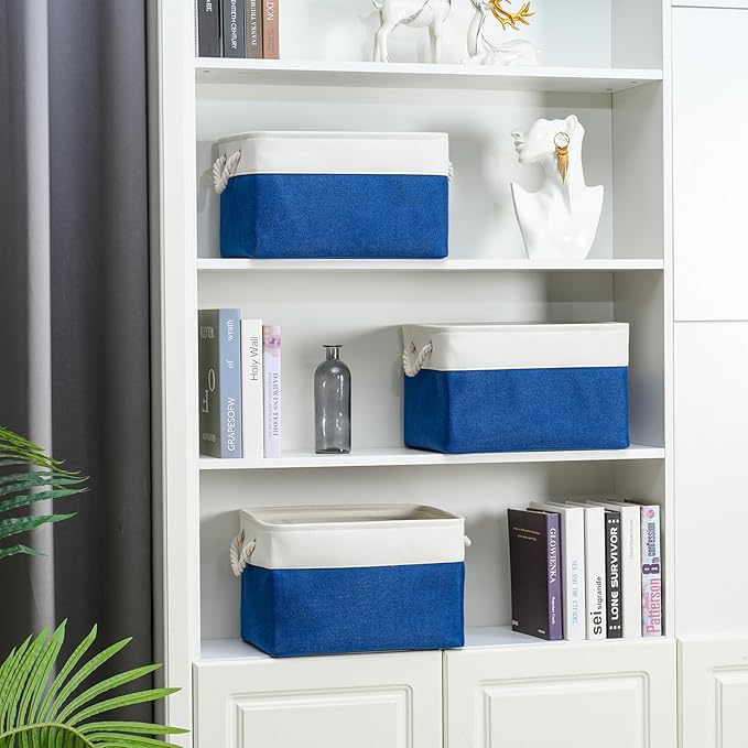 DUHEL Storage Bins 3 Pack, Fabric Storage Basket for Collapsible Medium Canvas Storage Baskets for Organizing Shelf Nursery Home Closet . (White&Blue-3PCS)