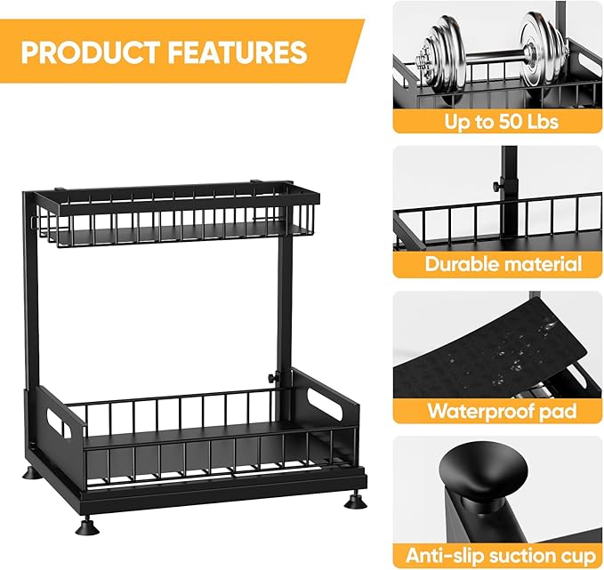 Under Sink Organizer Storage 2-Tier Premium Metal Pull-Out Kitchen Cabinet Organizer with Sliding Drawer, Height Adjustable, Heavy Duty for Kitchen & Bathroom Organizers 2 Pack Black