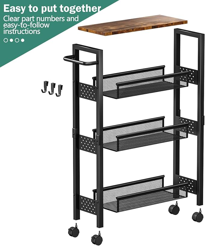 Utility Slim Storage Cart with Wheels, 4 Tier Small Rolling Cart with Wood Top, Metal Kitchen Bathroom Laundry Room Organization Trolley with Handle for Narrow Space – Black