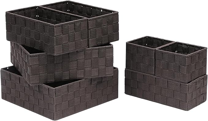 Storage Bins Woven Organizer Set of 7 – Polypropylene Storage Baskets with Metal Frame, Stackable Fabric Boxes for Drawers, Closet, Shelf, Nursery and Office, Brown