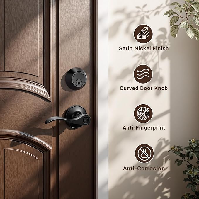 Knobonly 1 Set Entry Door Lever and Deadbolt Lock Set, Deadbolts Keyed Both Sides, All Keyed Same, Wave Style Front and Exterior Door Handleset with Double Cylinder, Matte Black Finish