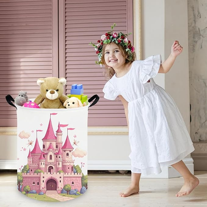 kids basket pink castle,Grils Hamper,Kids Laundry Hamper,Canvas fabric waterproof foldable laundry basket,toy bins,Girls Room decor(Castle)