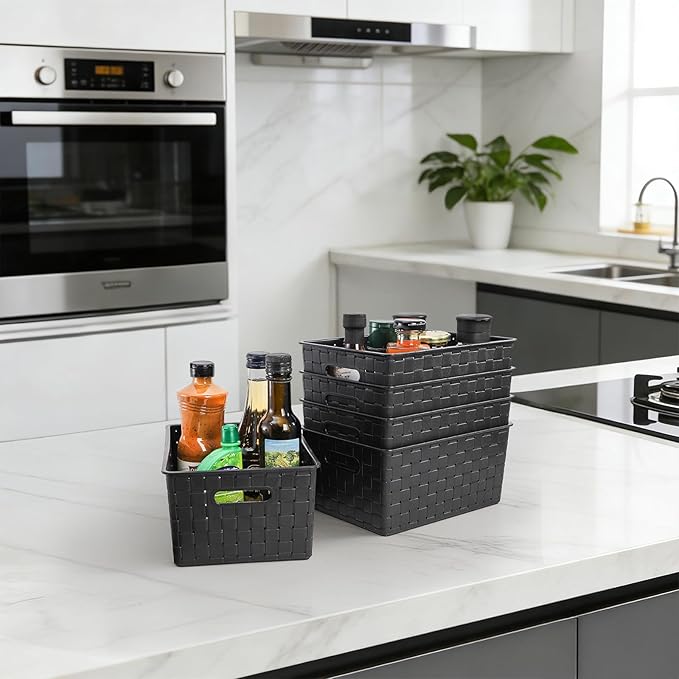 Bekith 5 Pack Woven Plastic Storage Basket, Small Plastic Storage Bin, Rectangular Cabinet Organizer for Home & Office, 9.8" L x 7" W x 4.5" H