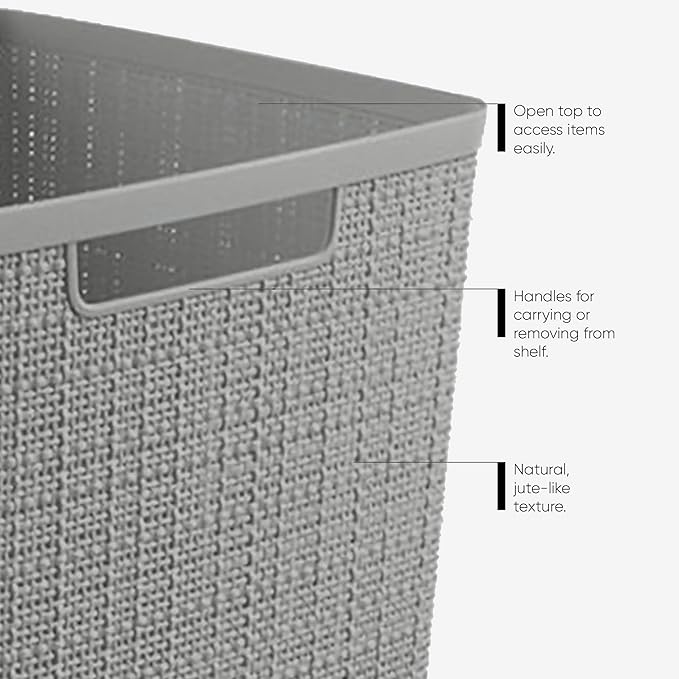 Curver Set of 8 Small 4.5L Jute Decorative Plastic Organization and Storage Baskets - Perfect Bins for Home Office, Closet Shelves, Kitchen Pantry and All Bedroom Essentials, Grey