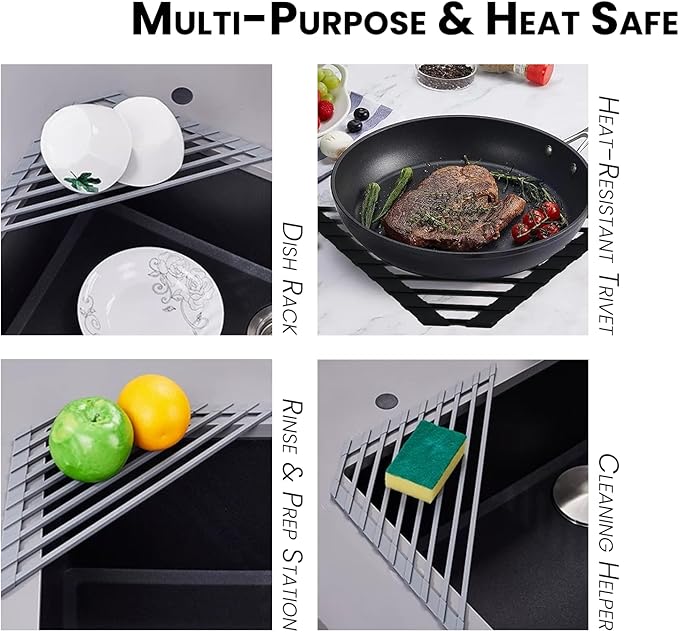 Mistifi Full Silicone-Coated Triangle Roll-Up Dish Drying Rack with Steel Core for Sink Corners – Multipurpose Over-The-Sink Kitchen Drainer & Space-Saving Organizer (Gray)