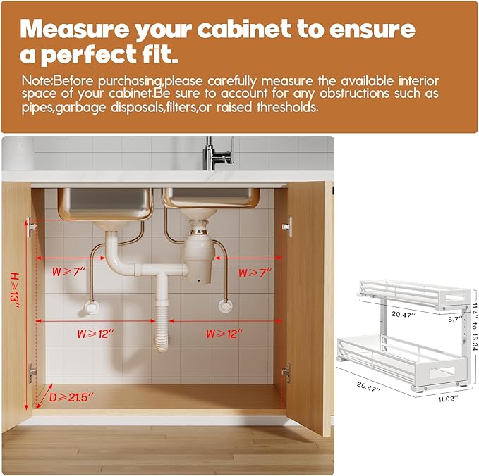 2-Pack 20.47"Deep Under Sink Organizer And Storage,2-Tier L-Shaped Pull Out Cabinet Organizer with Upgraded Slide Rails,Height Adjustable Drawers for Kitchen&Bathroom,Extra-Large Storage Shelves–White
