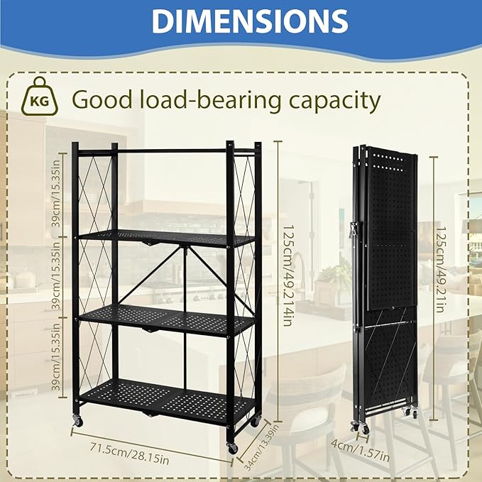 4-Tier Foldable Storage Shelf with Wheels, Metal Collapsible Shelving Unit, Heavy-Duty Rolling Cart for Kitchen Pantry Garage Office, Pre-Assembled Organizer Rack – Black