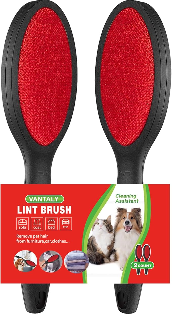 2-Sided Lint Remover Brush, Reusable Hair & Lint Cleaning Tool for Clothes, Carpet and Sheets, Black/Red