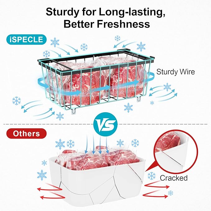 iSPECLE Chest Freezer Organizer Bins - Fits 7 Cu.Ft Deep Freezer, 6 Pack Stackable Wire Baskets(14.7" Length), Heavy Duty Coated Freezer Organizer, Rust Resistant for Frozen Food Sorting, Black