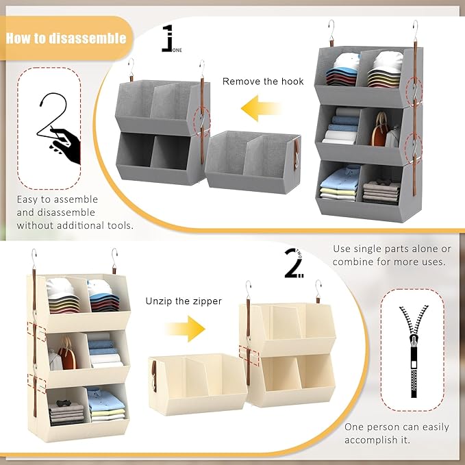 1 Pack,Hanging Closet Organizer 3 Tier,Disassemblable Clothes Hanging Shelves,Space-Saving Closet System, Fabric Storage Bins Bedroom Organization,Collapsible Baskets for Home, Dorm, Rv,Beige
