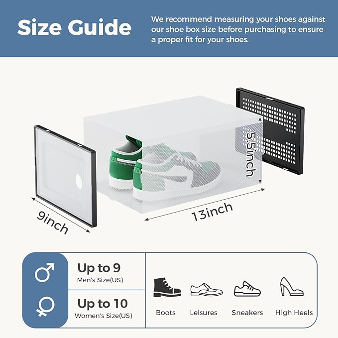 DUMOS Clear Shoe Storage Boxes, 15-Pack Plastic Stackable Shoe Containers with Lids, Display Sneaker Case Organizer for Closet, Under Bed, Entryway,Black (Fit Size 9)