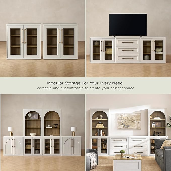 mopio Blake Buffet Cabinet, Small Modular Accent Display Sideboard with Doors & Shelves, Media Console Credenza, for Kitchen, Coffee Bar, Pantry, Living Room, Bedroom (White Oak Acrylic, Set of 2)